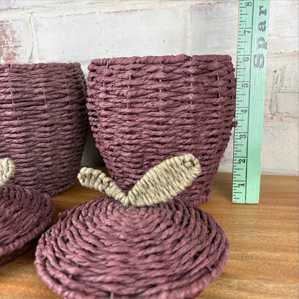 Vintage Burgundy Woven Apple Lidded Baskets Set of 2 Fall Home Decor Autumn Boho